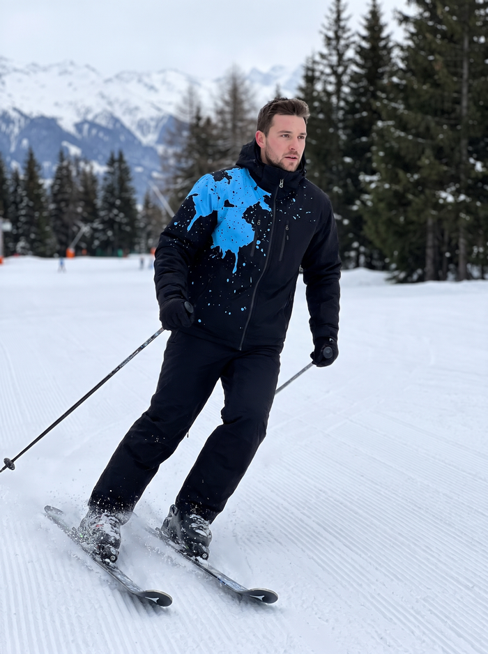 Skier on a groomed piste wearing the StormShift jacket in Arctic Blue