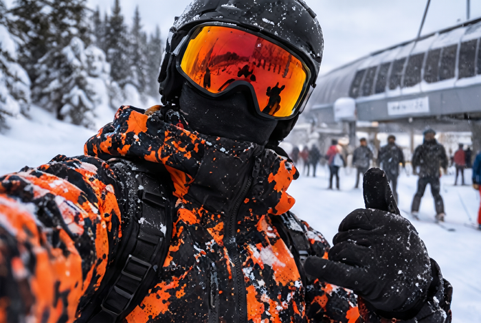 Rider giving a thumbs up in the Blaze Orange colorway at the resort