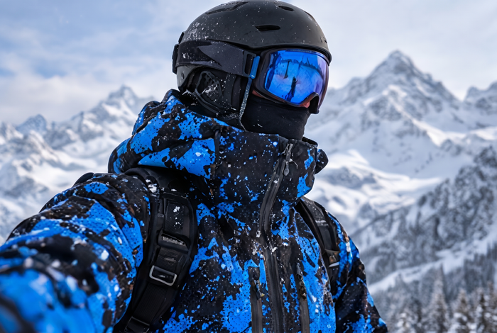 Rider in the Arctic Blue colorway with mountain peaks behind