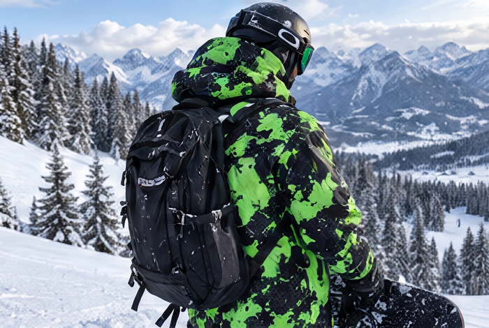 Rider with a backpack in the Electric Green colorway above a snowy valley