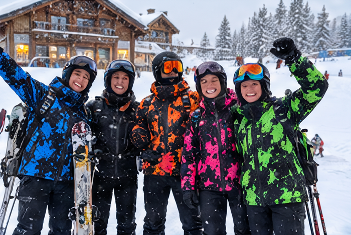 Five friends outside a mountain lodge in all five colorways