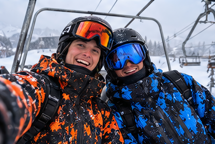 Chairlift selfie in the Blaze Orange and Arctic Blue colorways