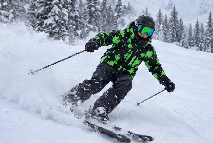 Skier carving through fresh snow in the Electric Green colorway