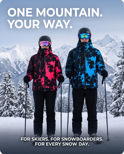 Two riders on the mountain wearing the jacket in pink and blue