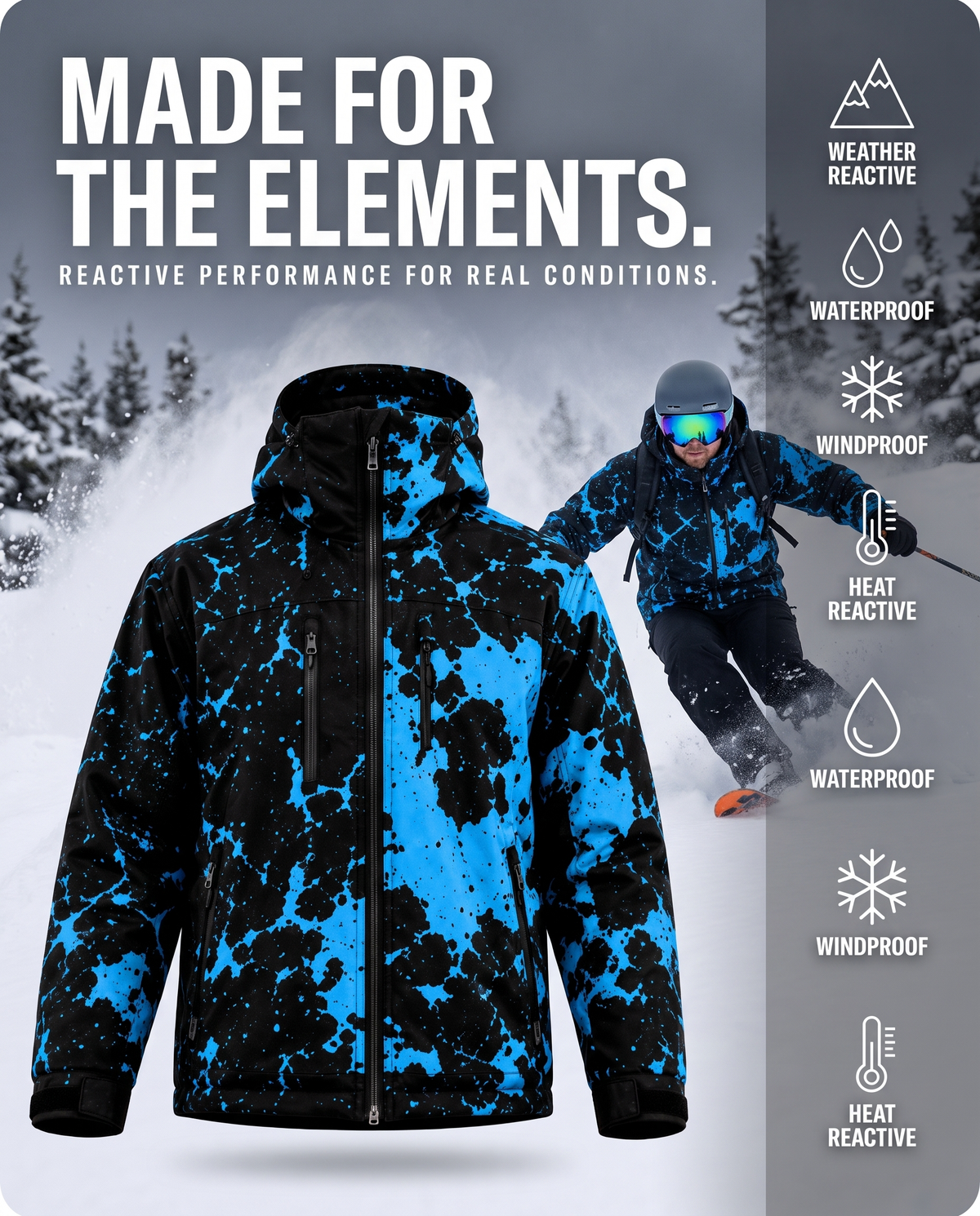 Made for the elements: weather reactive, waterproof, windproof shell shown on a skier