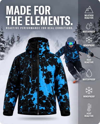 Made for the elements: weather reactive, waterproof, windproof shell shown on a skier
