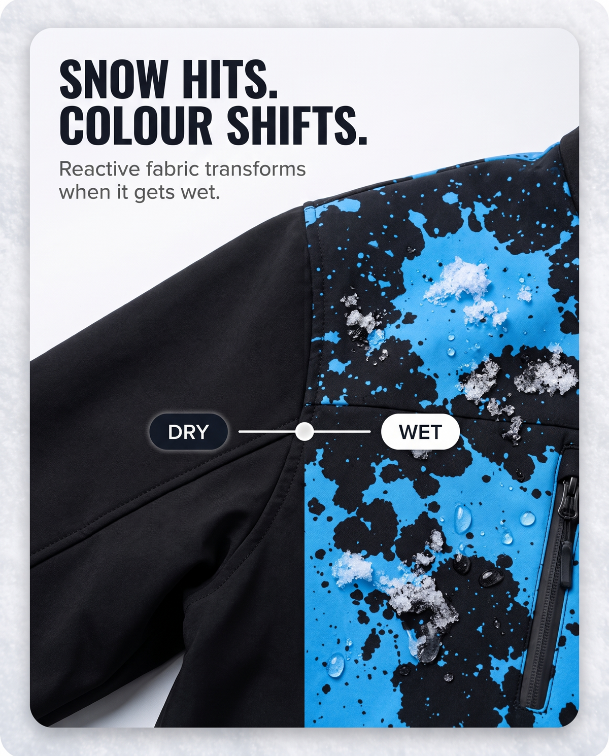 Snow hits, colour shifts: dry black fabric on one side, coloured pattern on the wet side