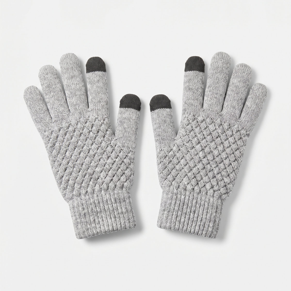 Pair of grey knit winter gloves with conductive touchscreen fingertips