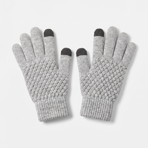 Pair of grey knit winter gloves with conductive touchscreen fingertips