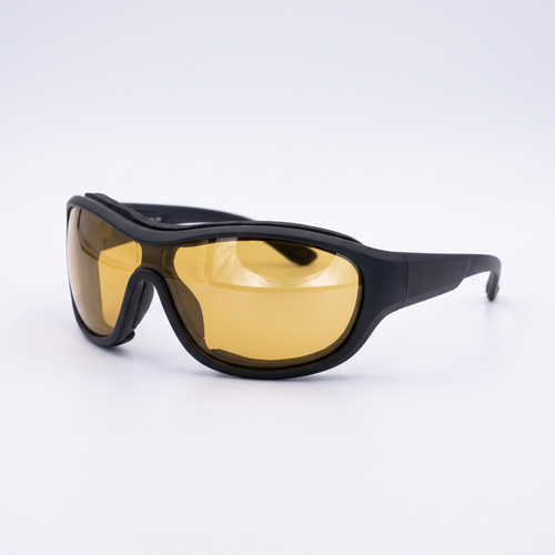 Black wraparound sport glasses with amber tinted lens