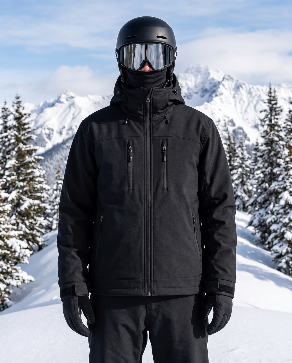 StormShift jacket dry: a plain matte black technical shell on a snowy ridge
