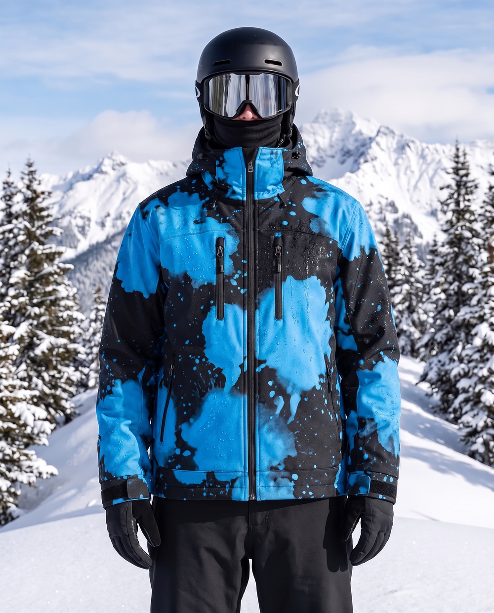 StormShift jacket wet: Arctic Blue pattern across the shell, same rider and scene