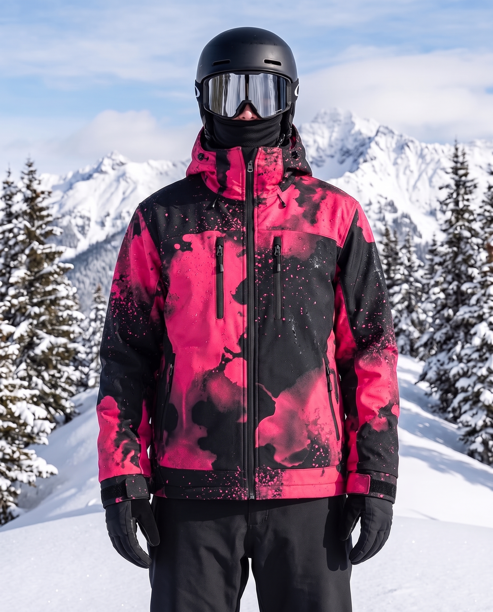 StormShift jacket wet: Neon Pink pattern across the shell, same rider and scene