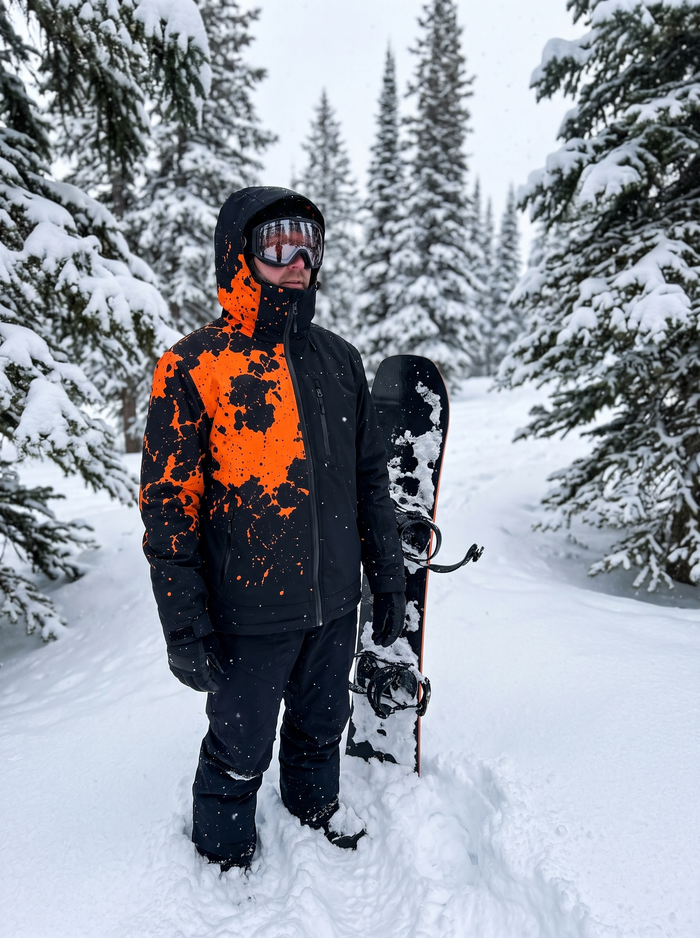 Snowboarder in the trees wearing the StormShift jacket in Blaze Orange