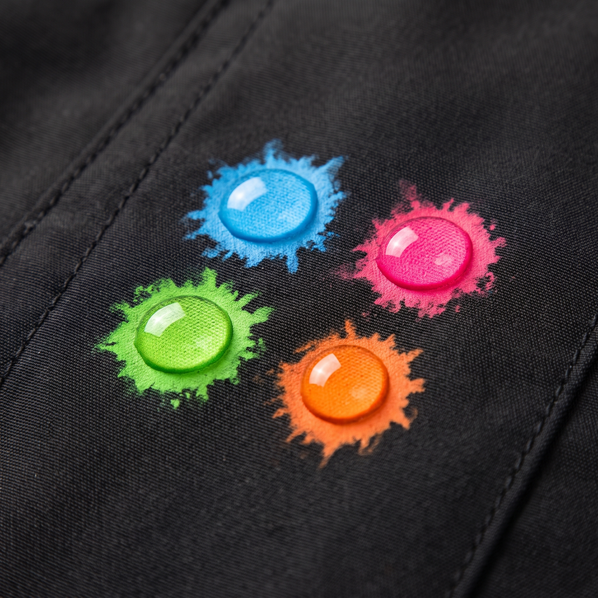 Macro of four droplets leaving four different colored marks on the black fabric