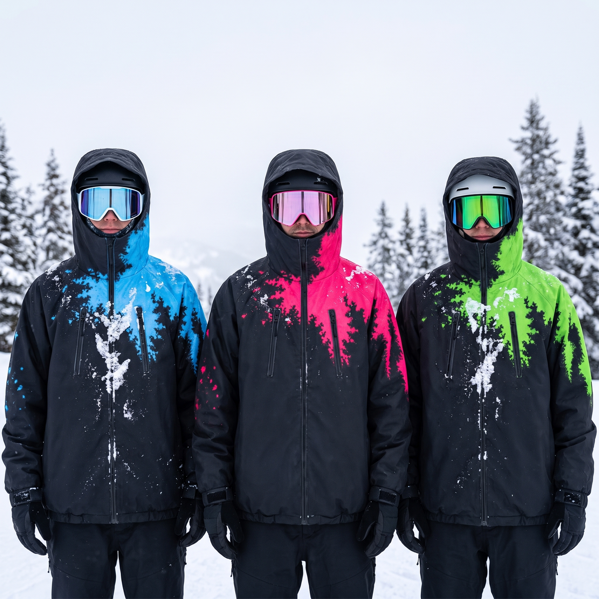 Three snowboarders wearing the StormShift jacket in blue, pink and green